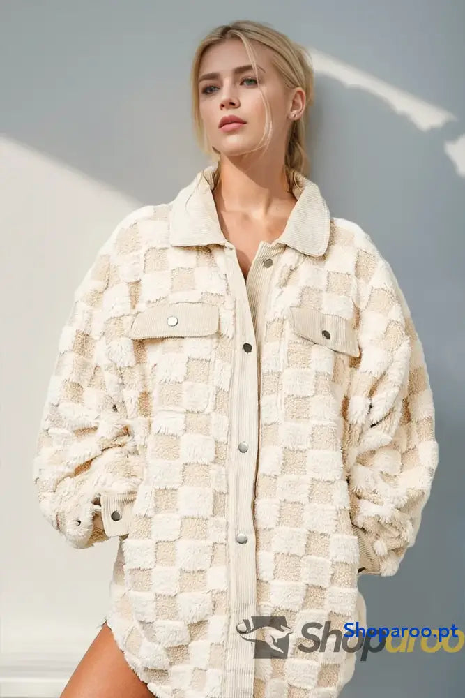 Double Take Button Up Fuzzy Checkered Shacket