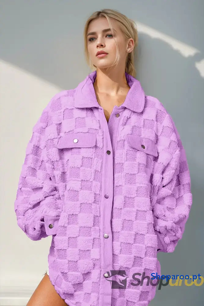 Double Take Button Up Fuzzy Checkered Shacket