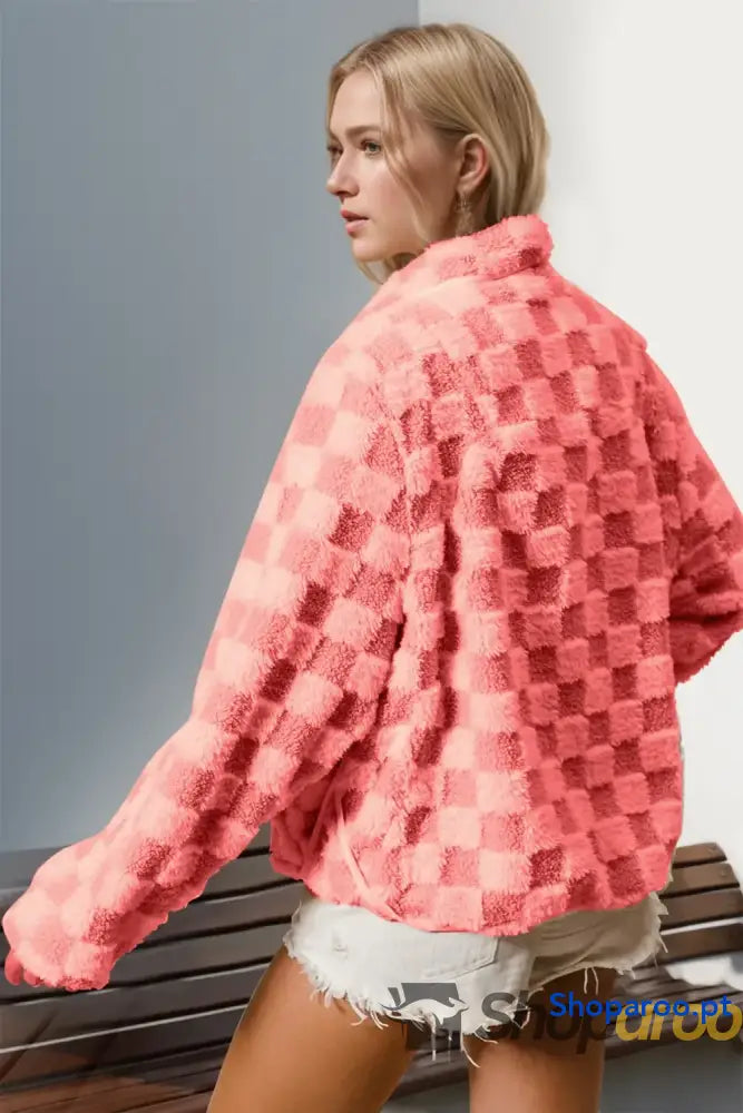 Double Take Checkered Long Sleeve Fuzzy Jacket