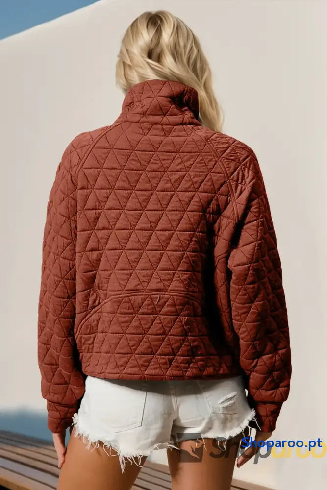 Double Take Half Zip Long Sleeve Quilted Sweatshirt with Pocket