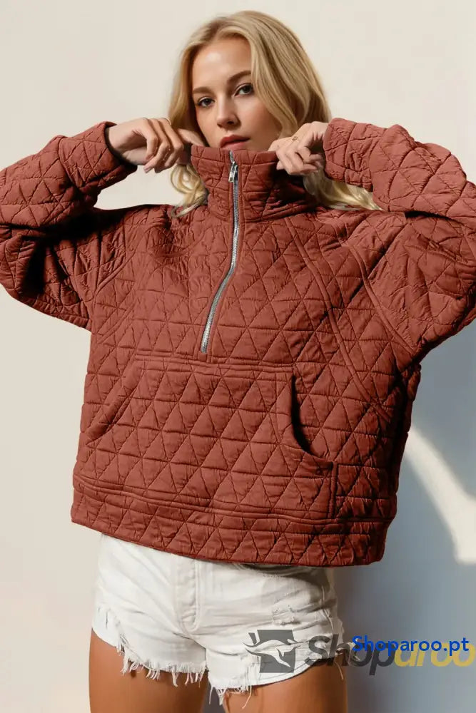 Double Take Half Zip Long Sleeve Quilted Sweatshirt with Pocket