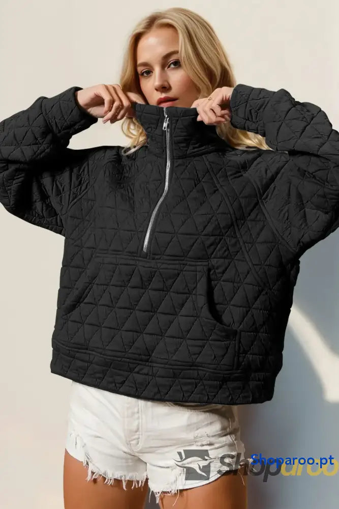 Double Take Half Zip Long Sleeve Quilted Sweatshirt with Pocket