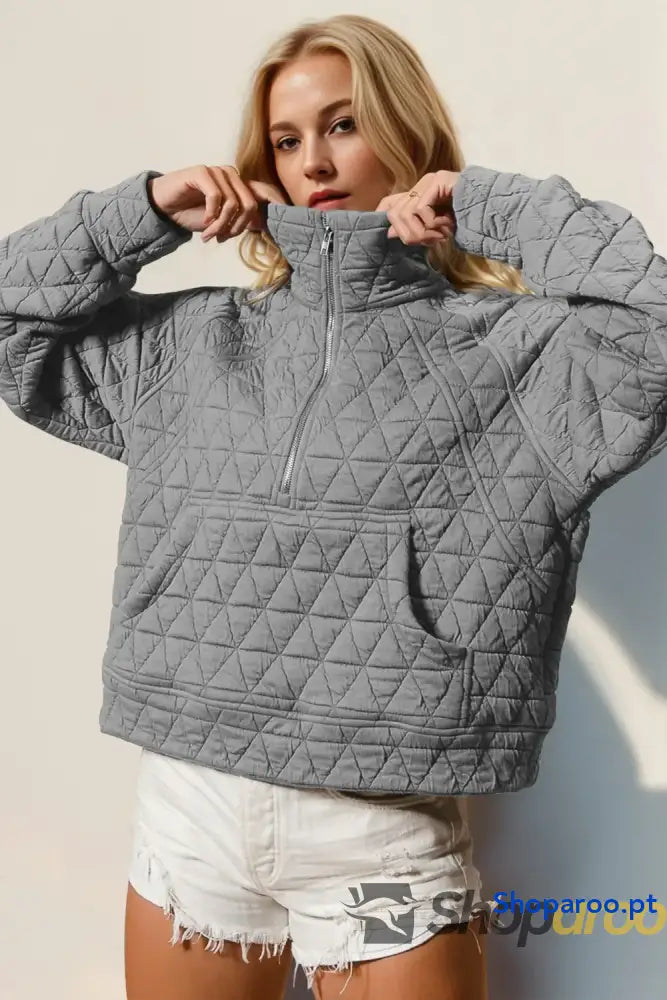 Double Take Half Zip Long Sleeve Quilted Sweatshirt with Pocket