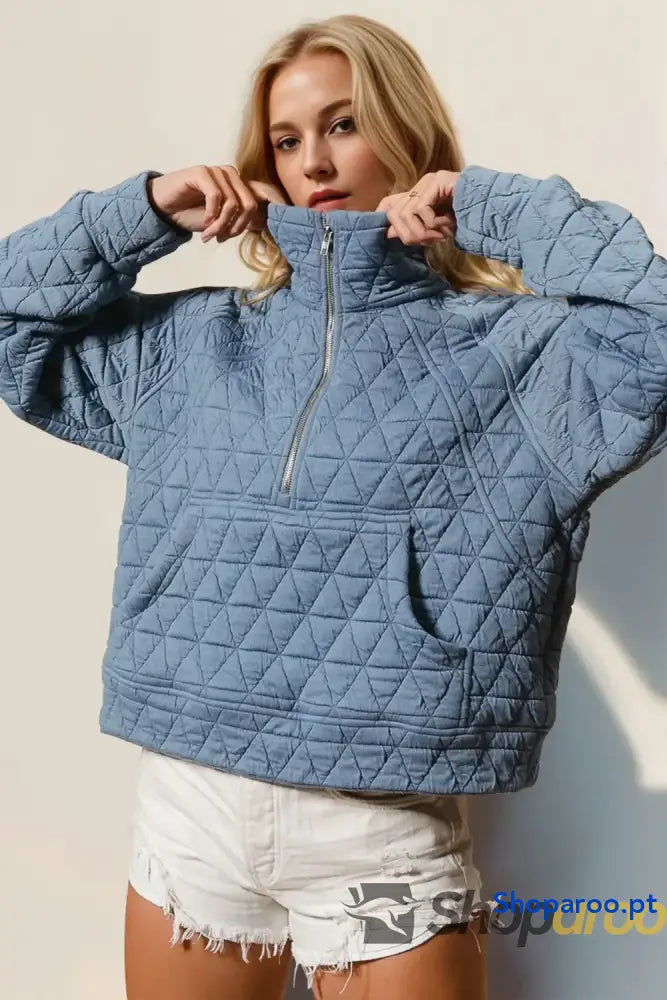 Double Take Half Zip Long Sleeve Quilted Sweatshirt with Pocket