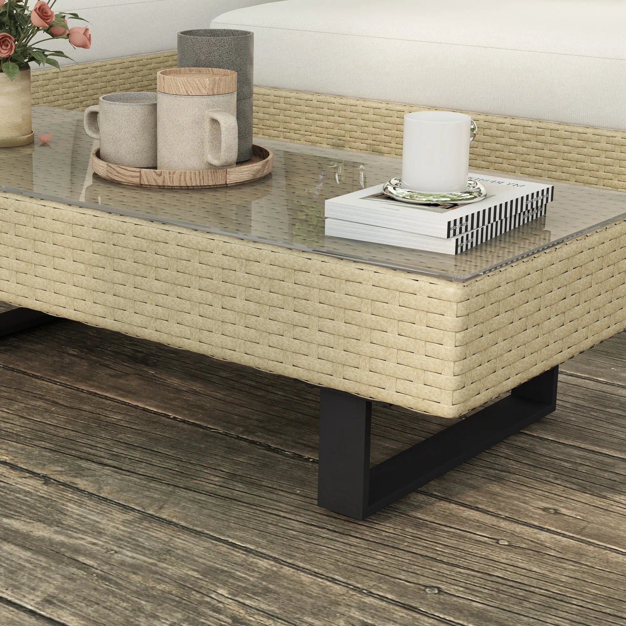 Conjunto de Móveis de Vime 3 Peças Mesa de Centro Sofá Duplo e Sofá de 3 Lugares para Terraço Jardim Pátio Bege