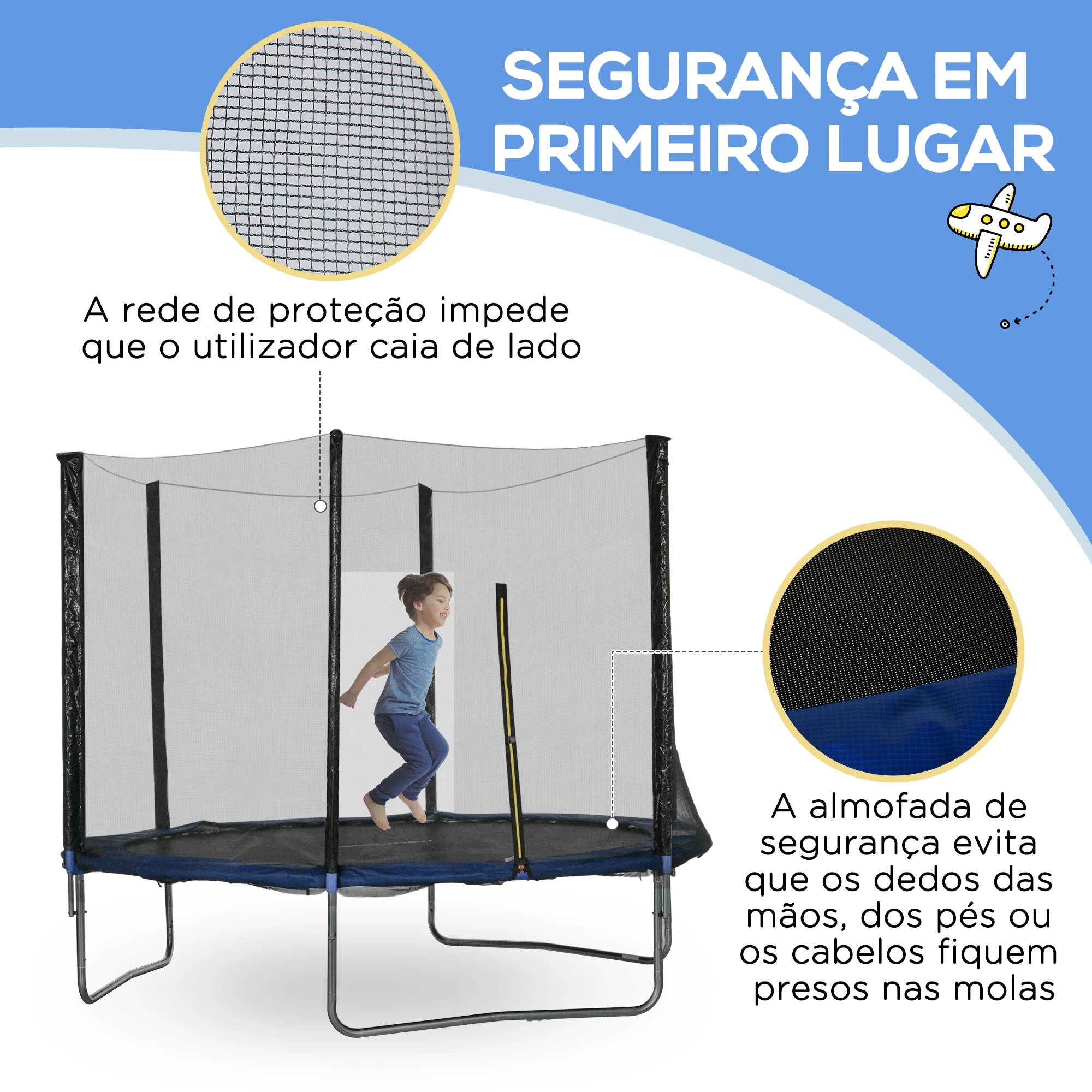 Trampolim de Exterior com Rede de Segurança para Crianças e Adultos Azul