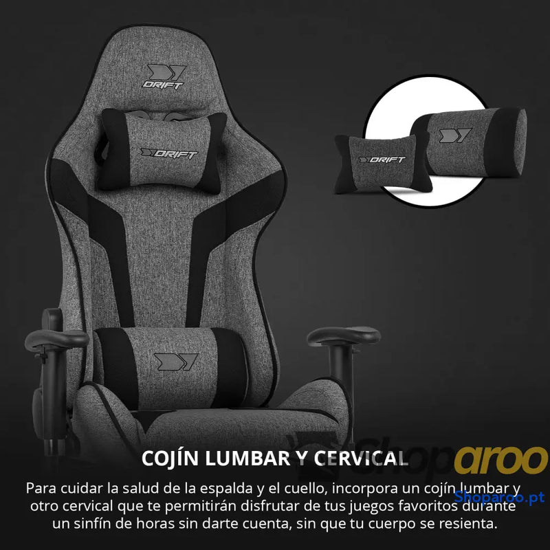 DRIFT GAMING DR90 Cadeira de jogos ergonómica com encosto cabeça e lombar reclinável 135° braços 2D ajustáveis tecido