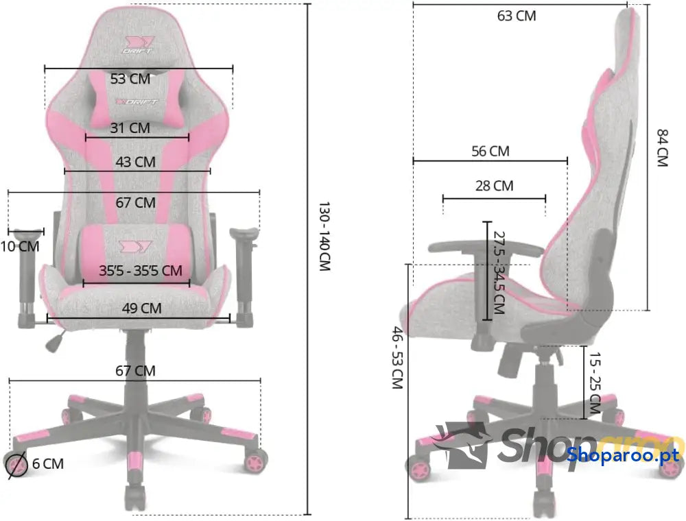 DRIFT GAMING DR90 Cadeira de jogos ergonómica com encosto cabeça e lombar reclinável 135° braços 2D ajustáveis tecido