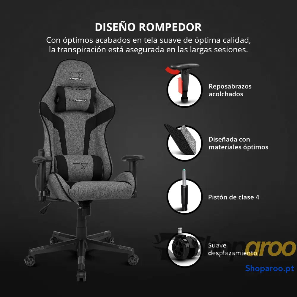 DRIFT GAMING DR90 Cadeira de jogos ergonómica com encosto cabeça e lombar reclinável 135° braços 2D ajustáveis tecido