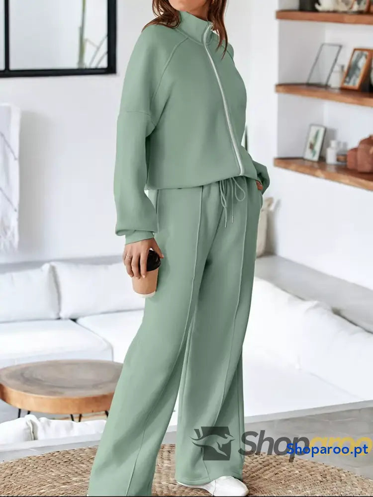 Conjunto de 2 peças casaco com fecho e calças cordão