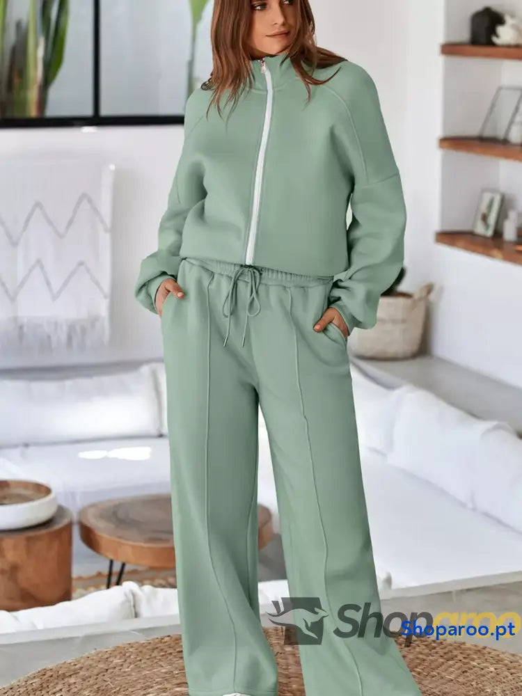 Conjunto de 2 peças casaco com fecho e calças cordão