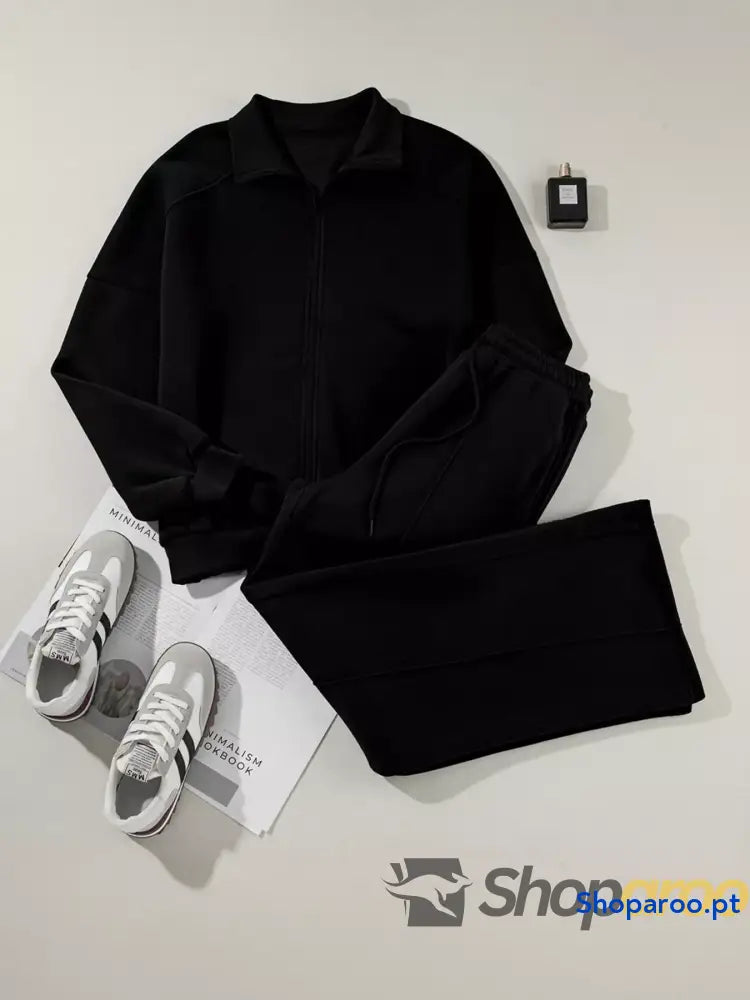 Conjunto de 2 peças casaco com fecho e calças cordão