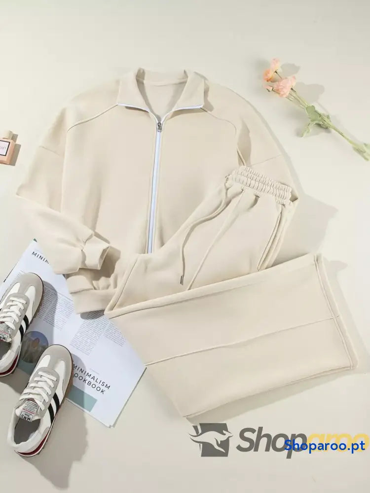 Conjunto de 2 peças casaco com fecho e calças cordão