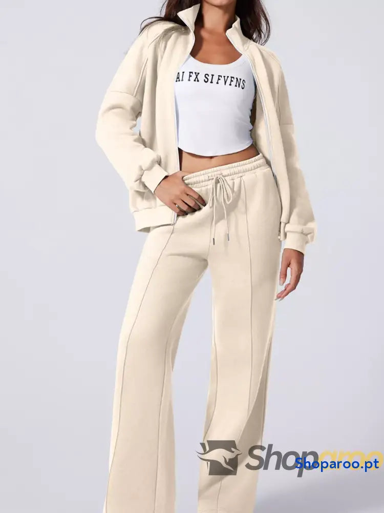 Conjunto de 2 peças casaco com fecho e calças cordão