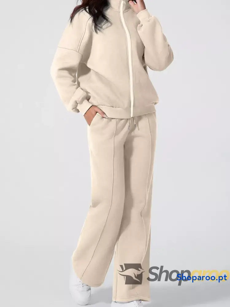 Conjunto de 2 peças casaco com fecho e calças cordão