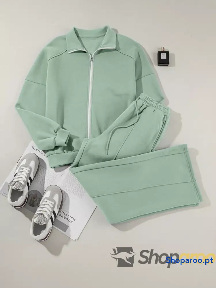 Conjunto de 2 peças casaco com fecho e calças cordão