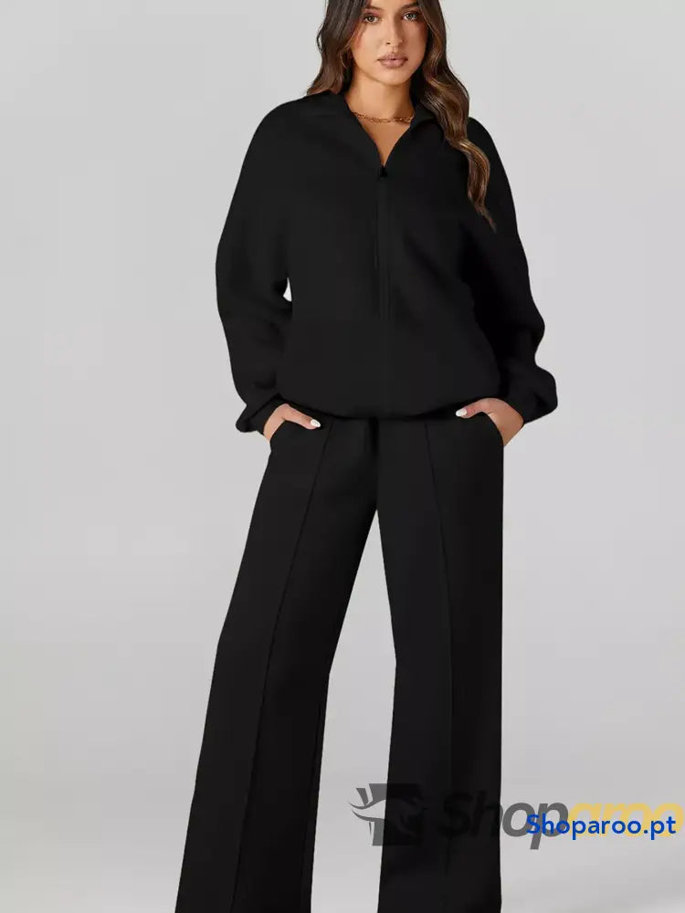 Conjunto de 2 peças casaco com fecho e calças cordão