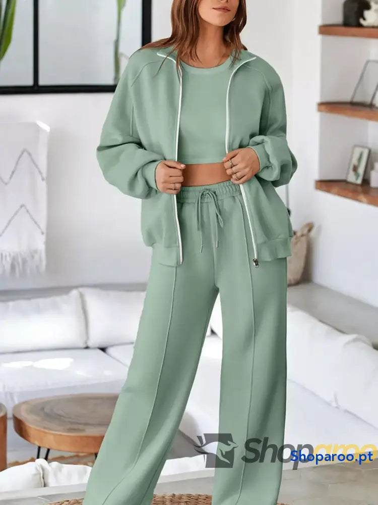 Conjunto de 2 peças casaco com fecho e calças cordão