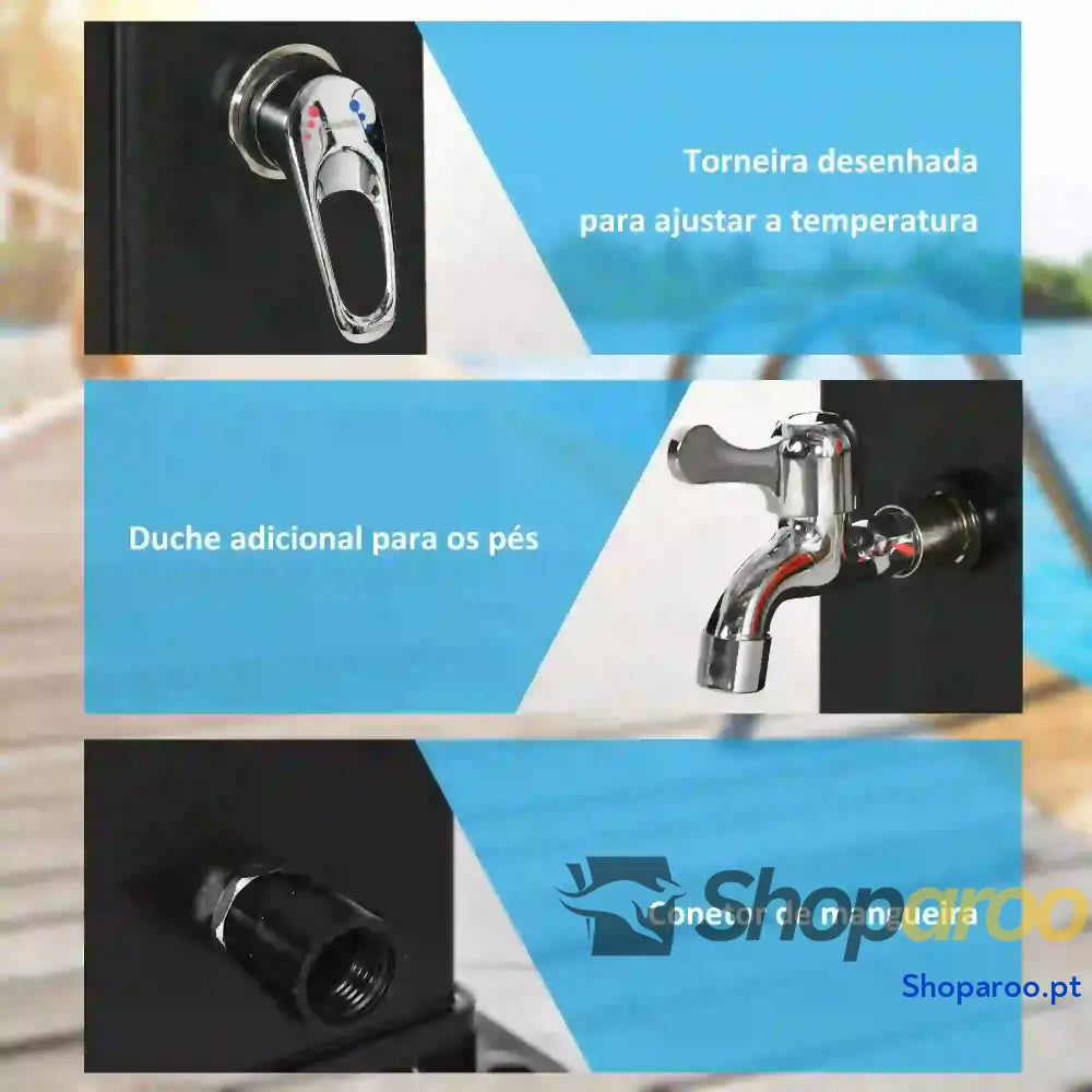Duche Solar Exterior 40L de Jardim com Cabeçal Torneira Água Quente até 60℃ e Pés 19x20x217 cm Preto