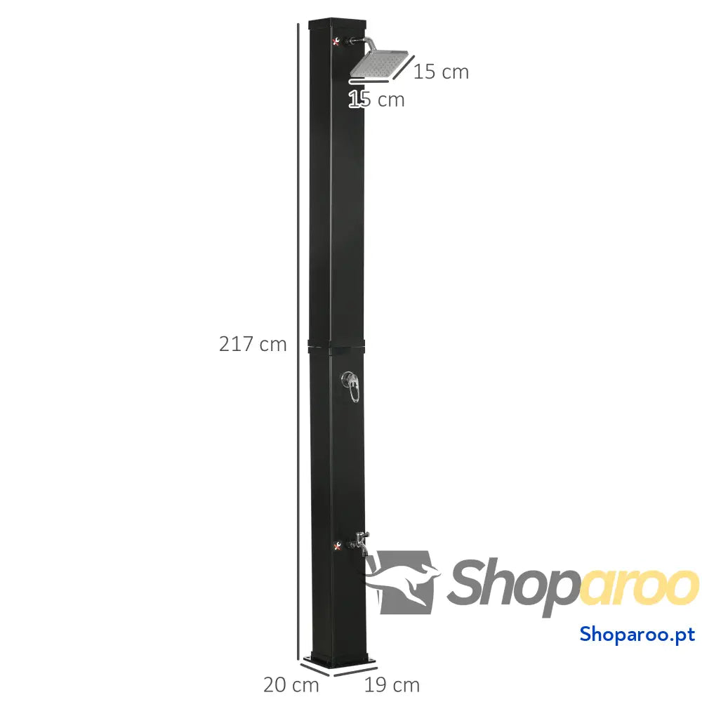 Duche Solar Exterior 40L de Jardim com Cabeçal Torneira Água Quente até 60℃ e Pés 19x20x217 cm Preto