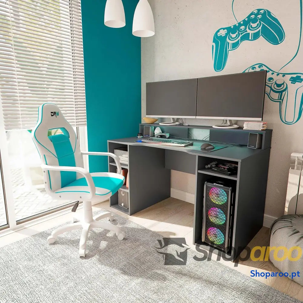 Duehome | DRW cadeira Gamer de escritório estúdio ou secretária acabamento em silício pele branca e turquesa medidas: