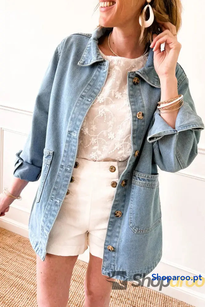 Dusk Blue Slit Buttons Pocketed Denim Jacket