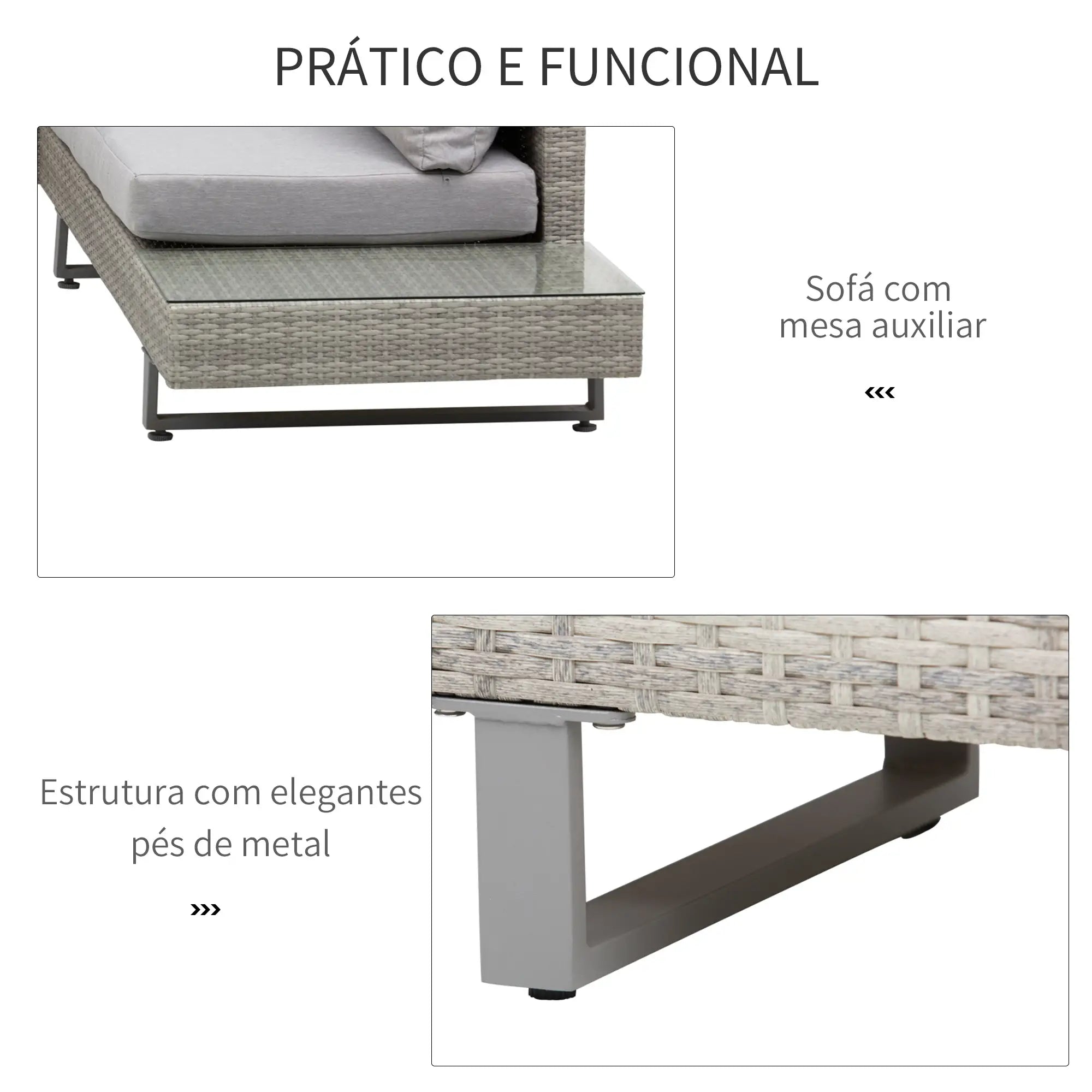 Conjunto de Móveis de Vime 3 Peças Mesa de Centro Sofá Duplo e Sofá de 3 Lugares para Terraço Jardim Pátio Cinza
