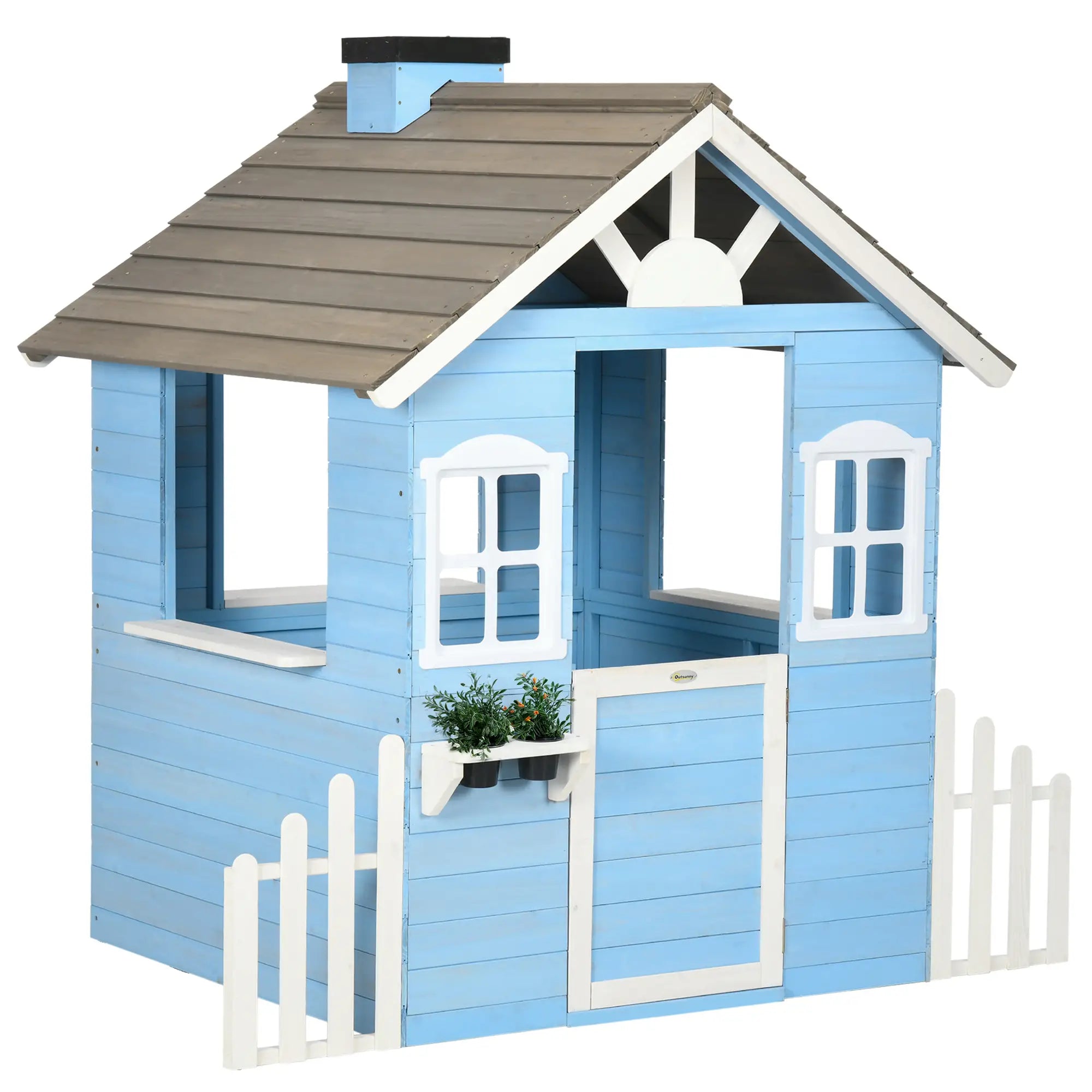 Casa de madeira para crianças azul com porta e janelas para exterior