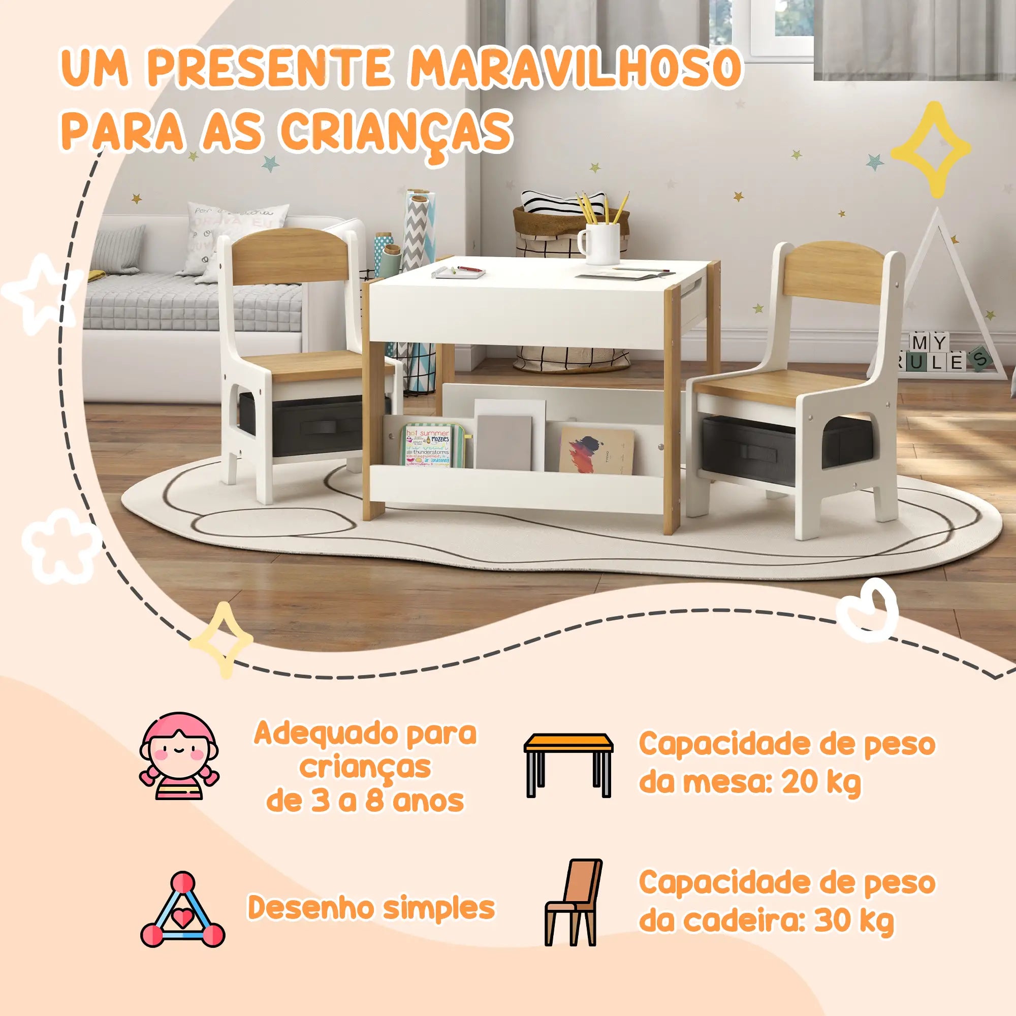 Conjunto de Mesa e 2 Cadeiras Infantis 2 em 1 com Ardósia Gavetas de Tecido e Espaço de Armazenamento para Quarto Cinza