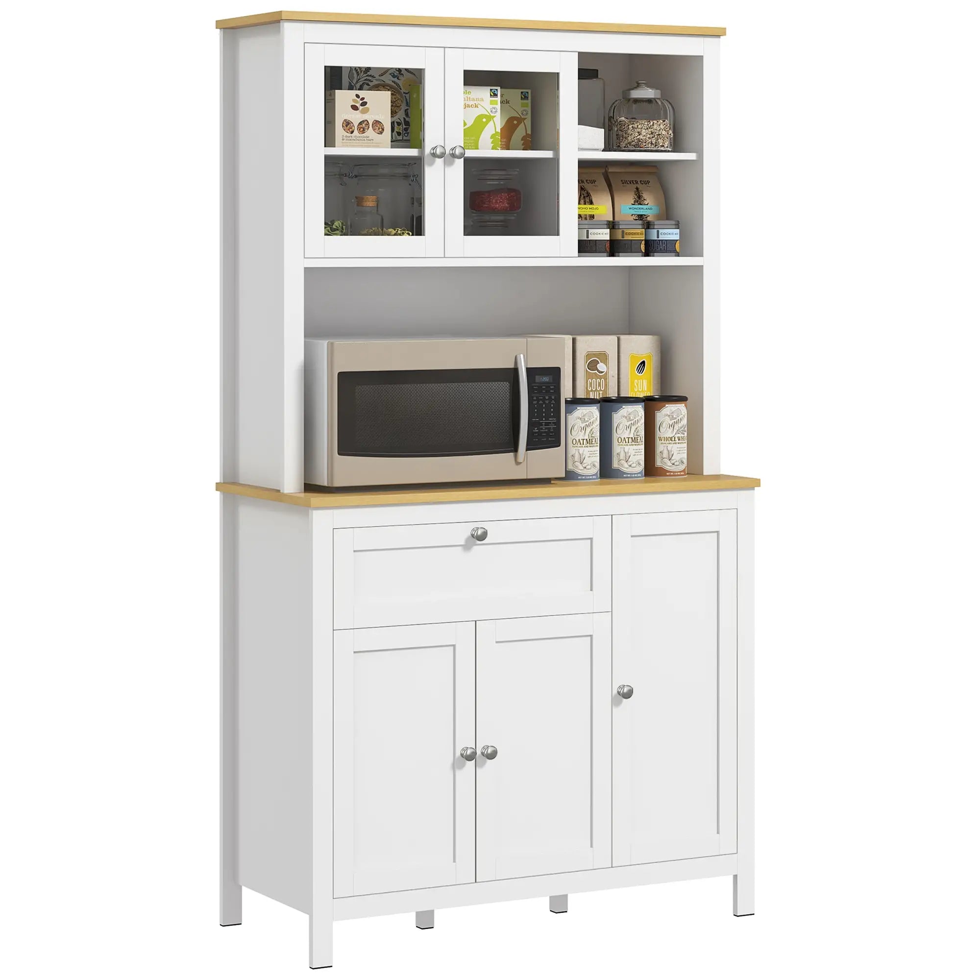 Armário de Cozinha com 5 Portas Prateleiras Ajustáveis Gaveta e Bancada para Micro-Ondas 100x40x180 cm Branco e Madeira