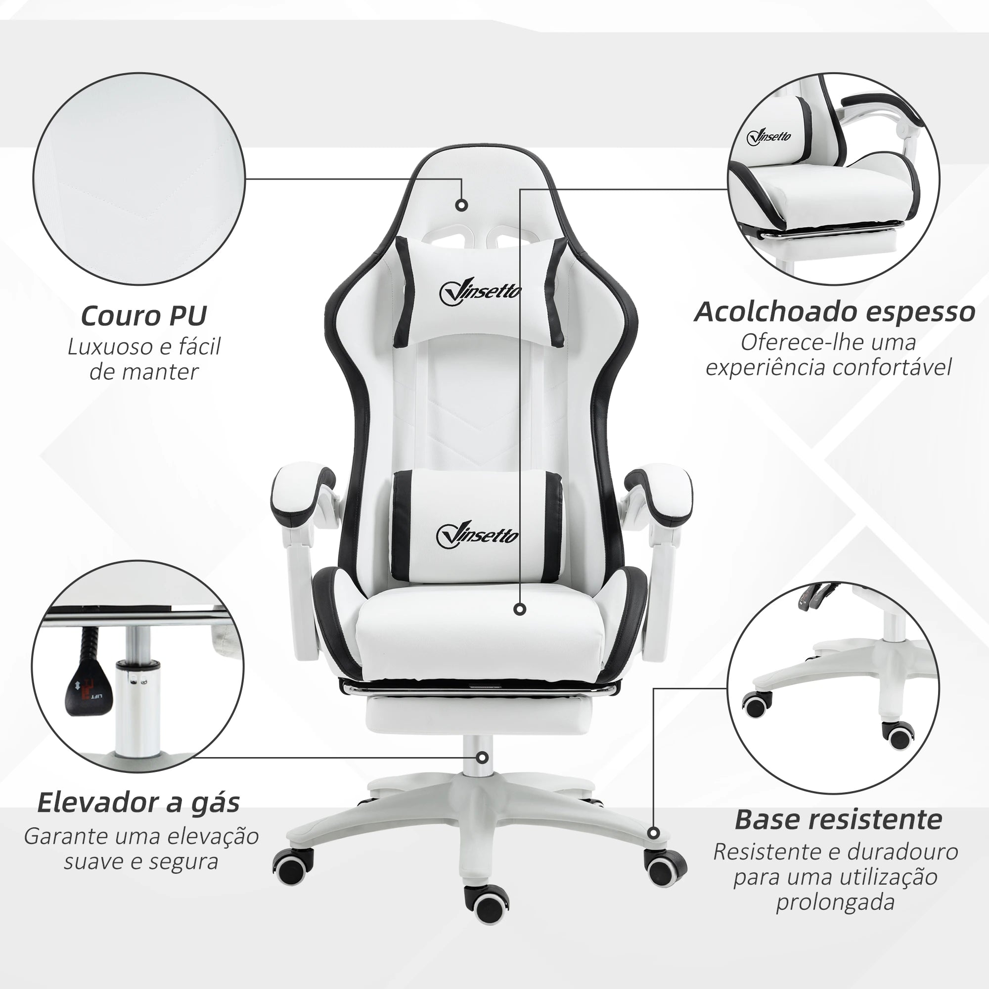 Cadeira Gaming de Couro PU com Altura Ajustável Reclinável 135° e Apoio para os Pés Retrátil 65x65x121-129 cm Branco e Preto