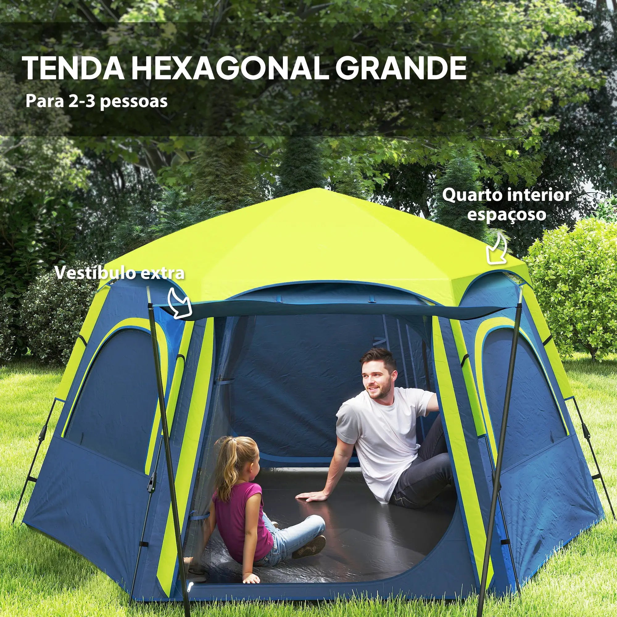 Tenda de Campismo para 2-3 Pessoas Dobrável com Fácil Instalação e Bolsa de Transporte 280x240x155 cm Azul e Verde