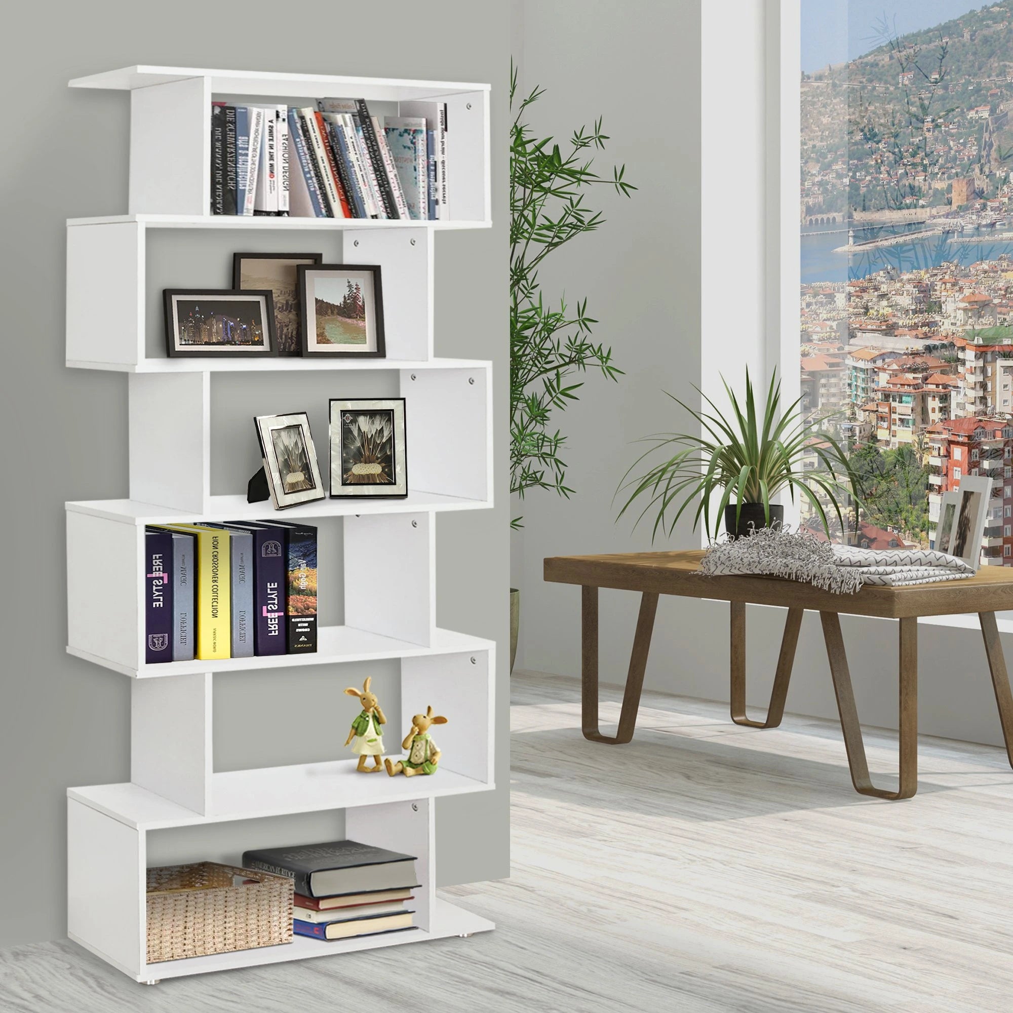 Estante Moderna com 6 prateleiras em forma de S Madeira 80 x 25 x 192 cm branco