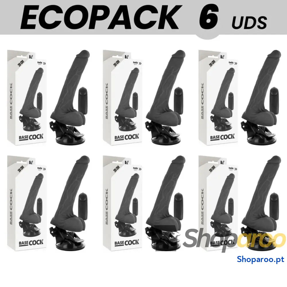 ECOPACK 6 UNIT - BASECOCK VIBRADOR REALÍSTICO DE CONTROLE REMOTO PRETO COM TESTÍCULOS 20 CM -O- 4 CM