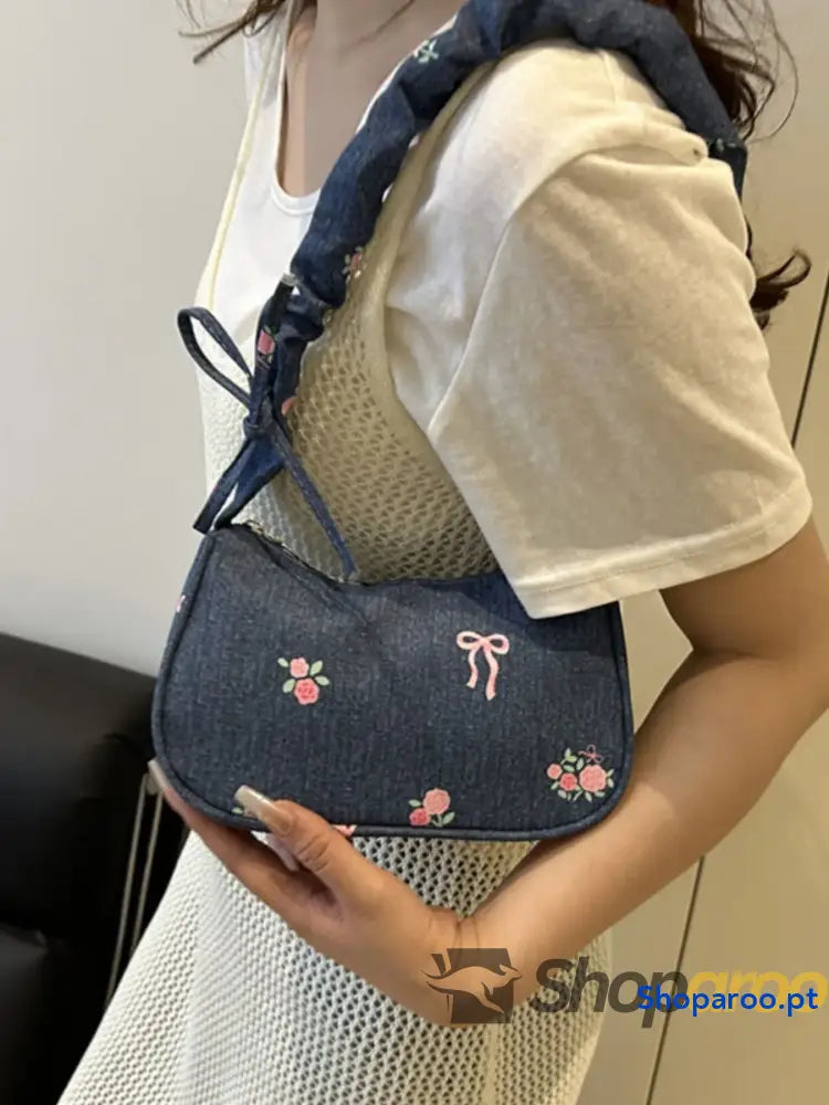 Embroidered Ruched Strap Shoulder Bag