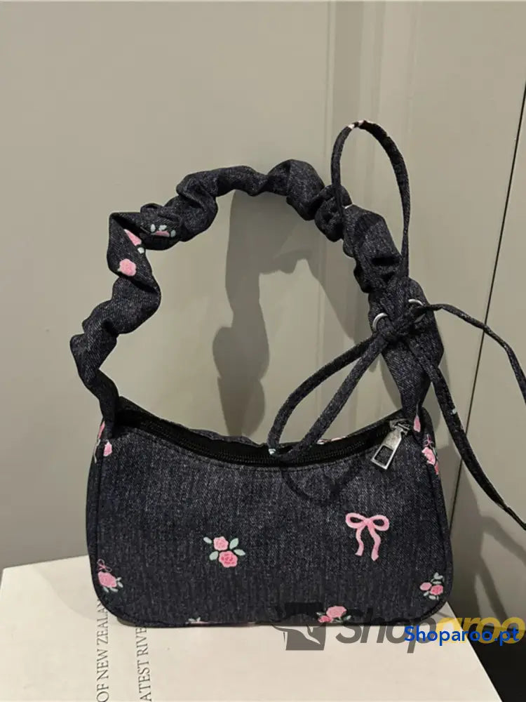 Embroidered Ruched Strap Shoulder Bag