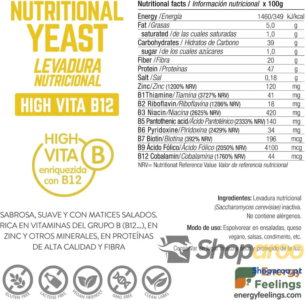 Energy Feelings Levedura nutricional B12 1 kg levedura nutritiva em flocos rica vitamina B e proteínas 51% natural