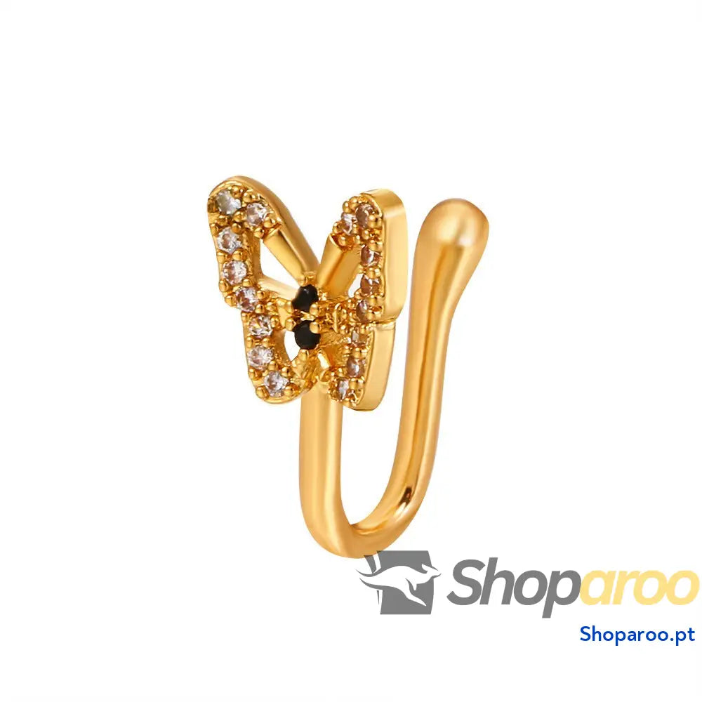 Enfeite de nariz em ouro 18k (banhado) com pedras preciosas e design borboleta