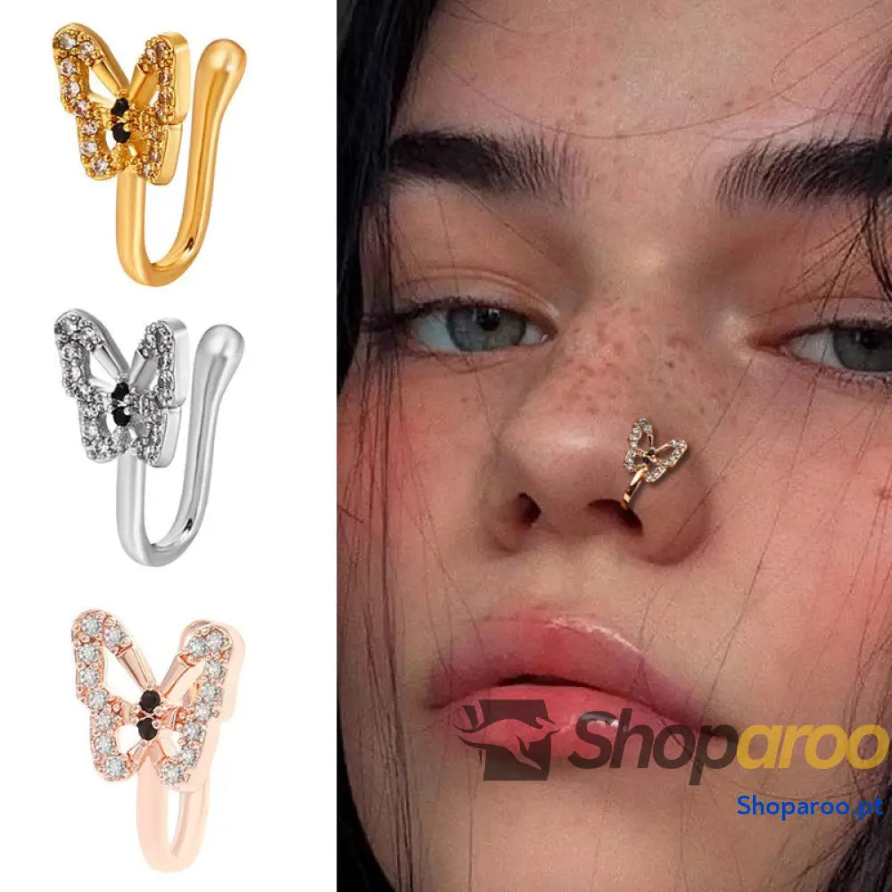 Enfeite de nariz em ouro 18k (banhado) com pedras preciosas e design borboleta