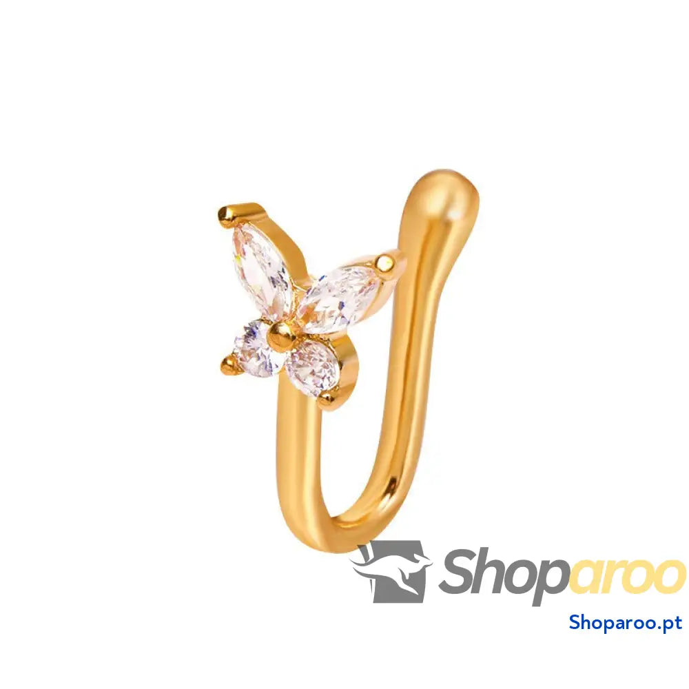 Enfeite de nariz em ouro 18k (banhado) com pedras preciosas e design borboleta