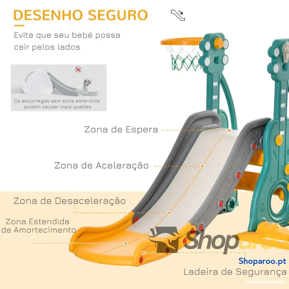 Escorrega Infantil com Baloiço e Cesta de Basquetebol 3 em 1 Multicor