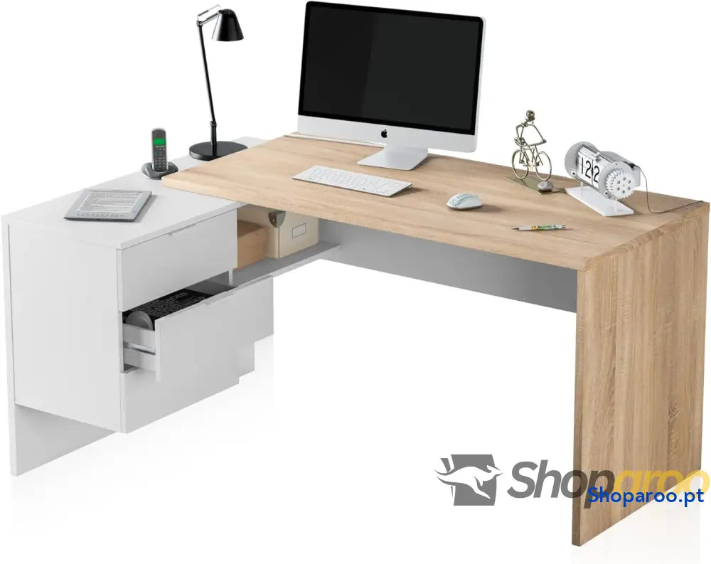 Escritório com gaveta mesa de escritório modelo Office Work acabamento em branco Artik e carvalho cananadian medidas: