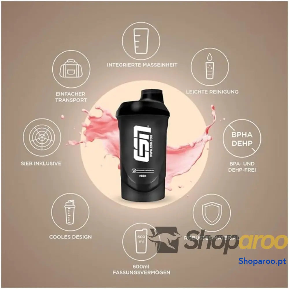Garrafa Shaker Preta Transparente ESN 600 ml com Peneira Integrada