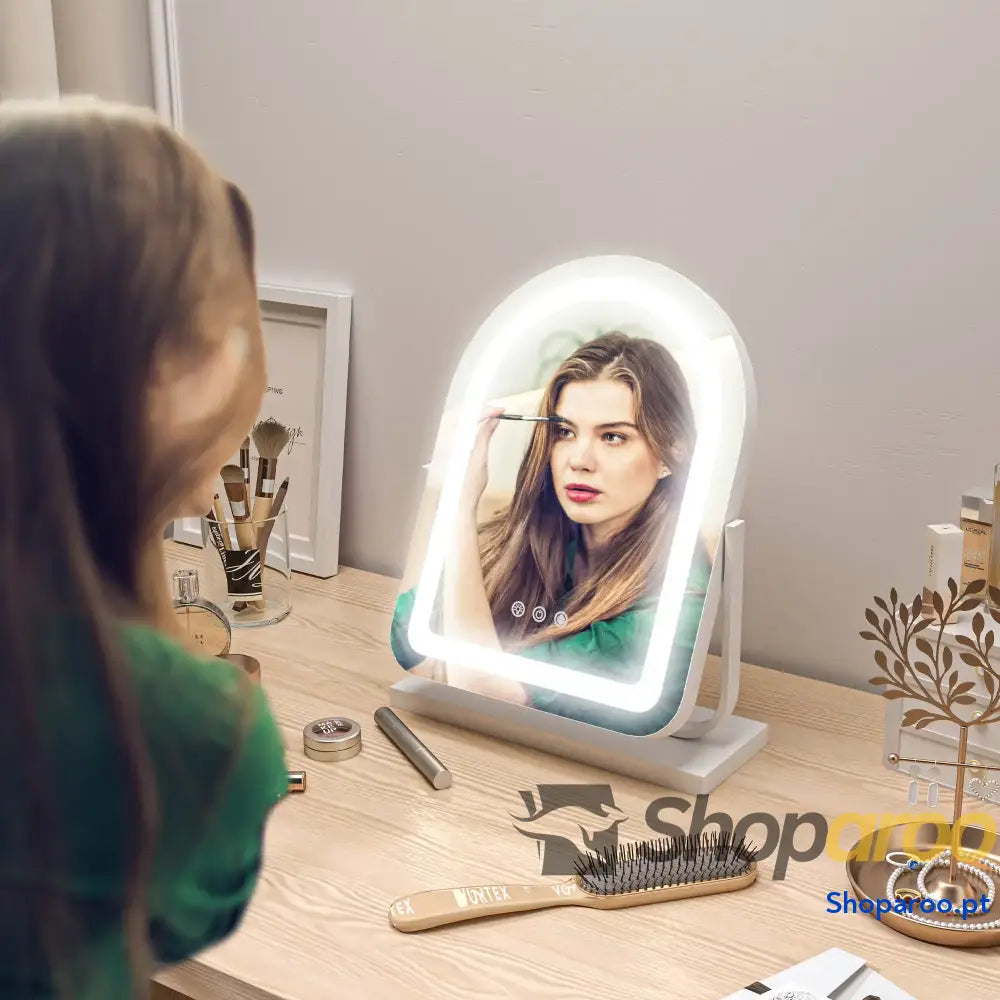 Espelho de Maquilhagem com Luz LED Rotativo Iluminação Ajustável