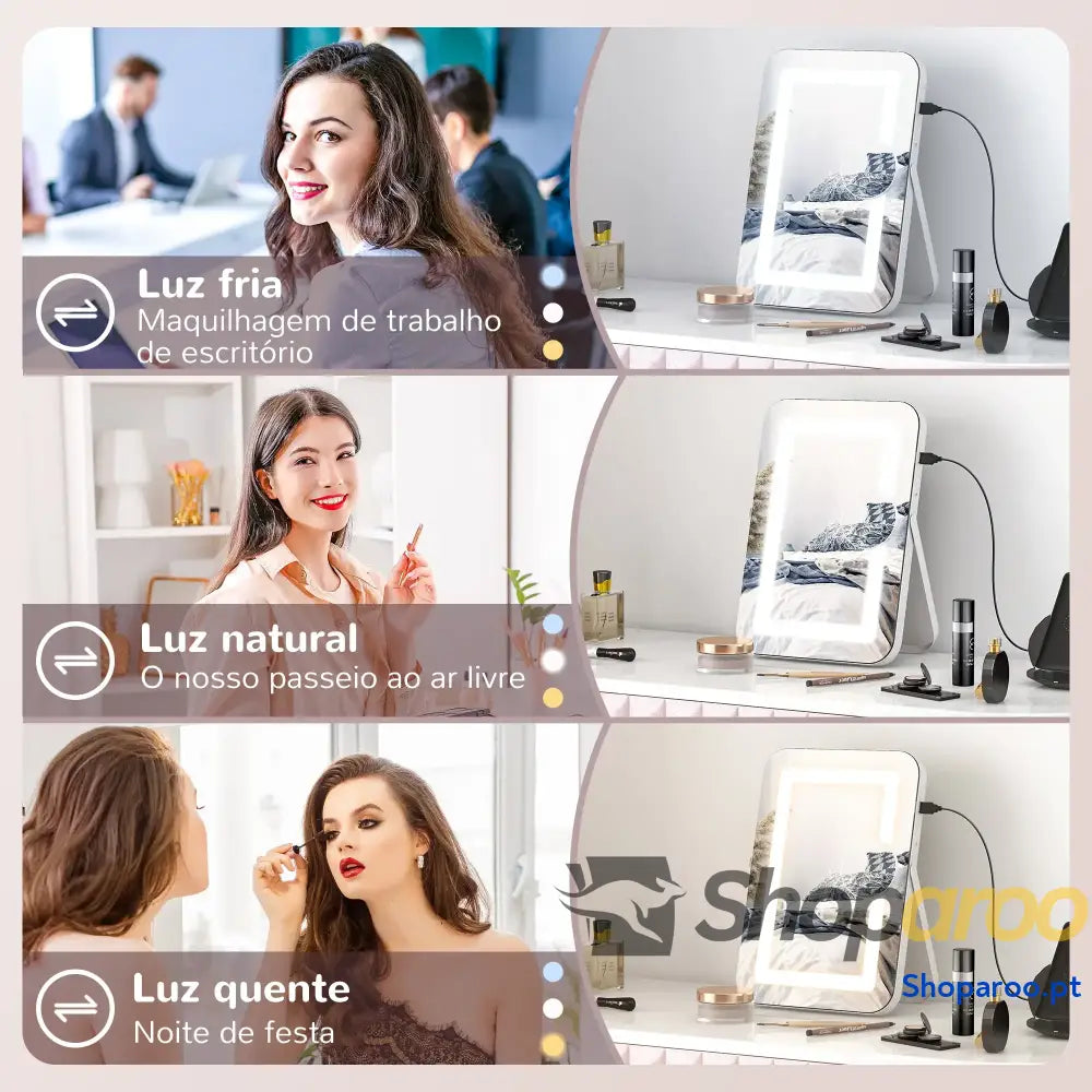 Espelho de maquilhagem com luzes LED e iluminação ajustável branco