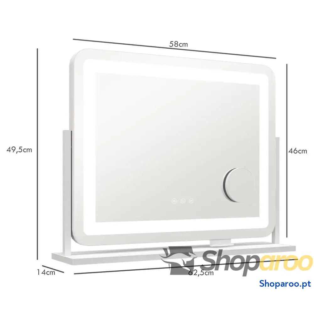 Espelho de maquilhagem com luzes LED e suporte para telemóvel branco