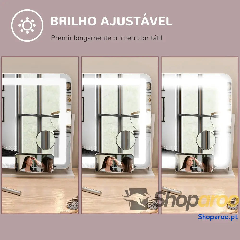 Espelho de maquilhagem com luzes LED e suporte para telemóvel branco