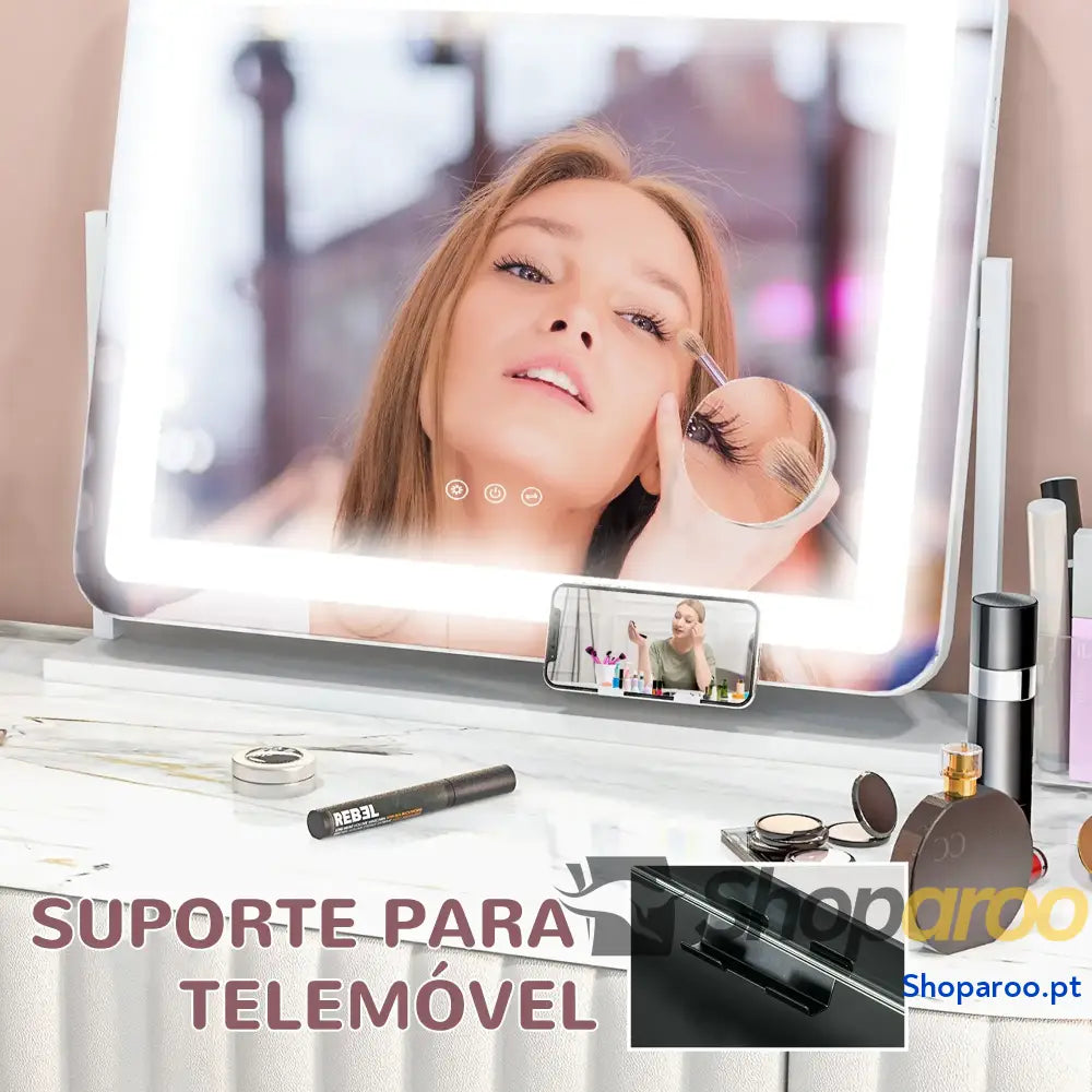 Espelho de maquilhagem com luzes LED e suporte para telemóvel branco