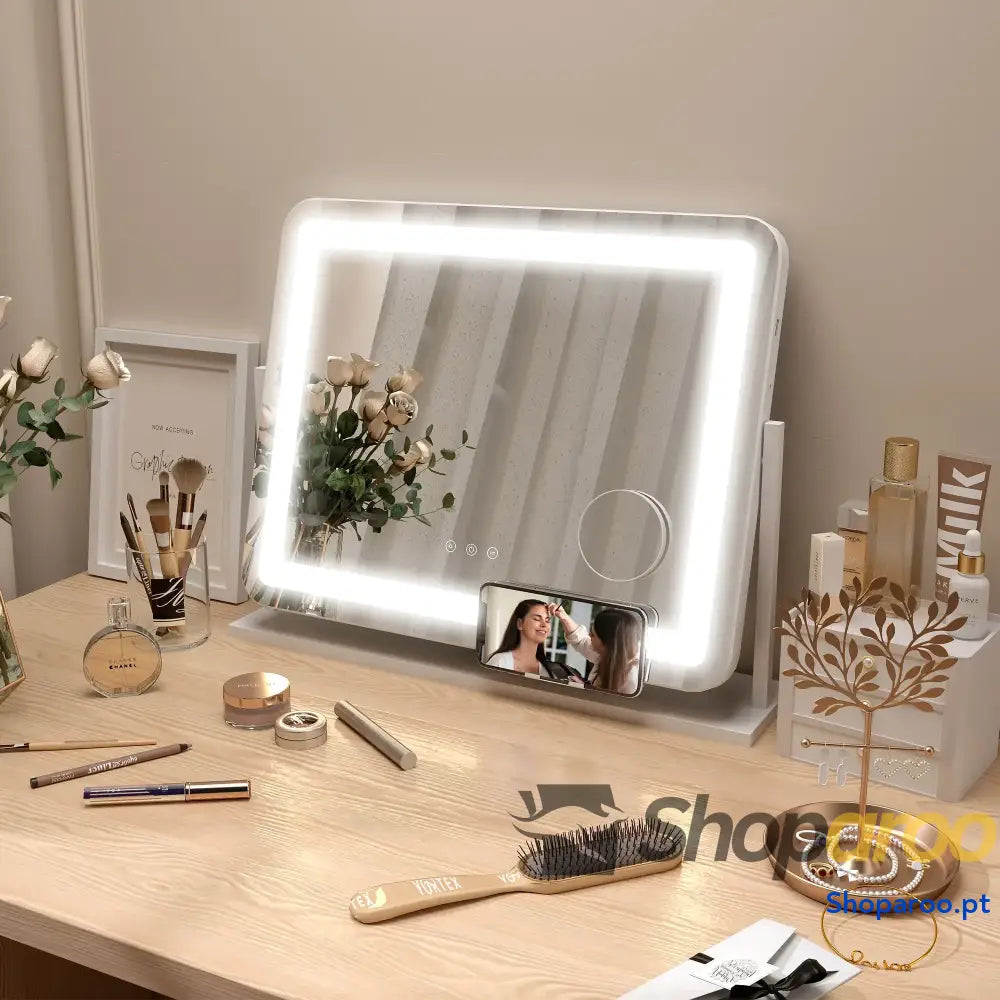 Espelho de maquilhagem com luzes LED e suporte para telemóvel branco