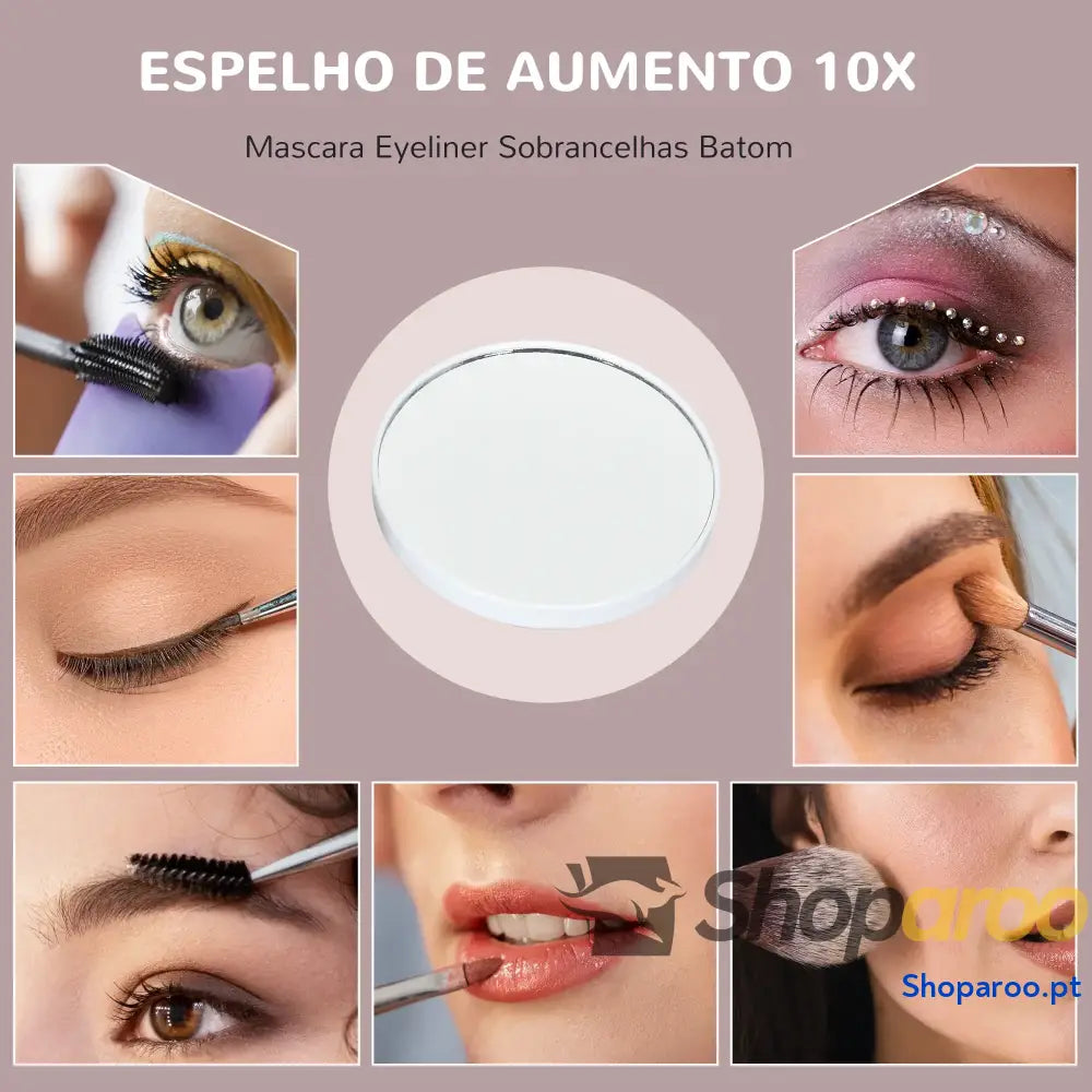 Espelho de maquilhagem com luzes LED e suporte para telemóvel branco